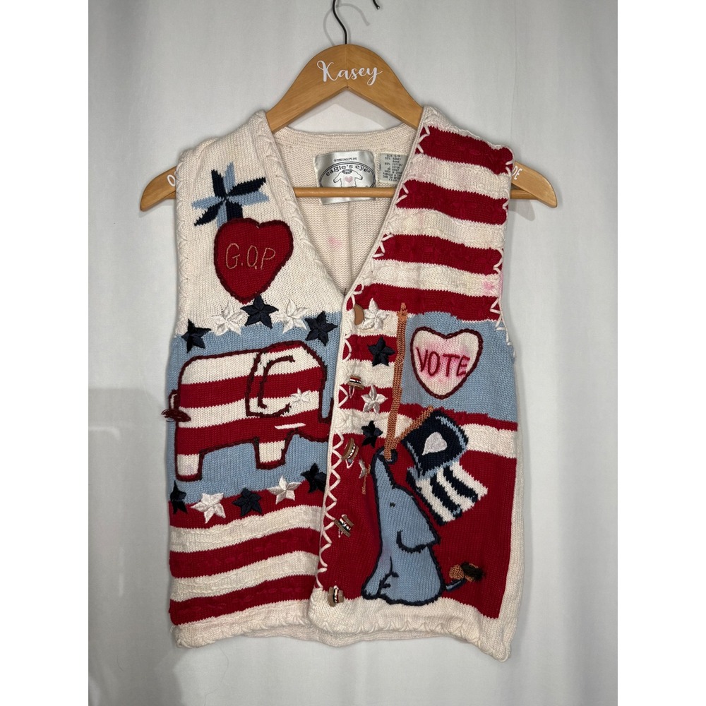 Vintage Eagles Eye GOP Republican Patriotic Elephant Knit Sweater Vest Small